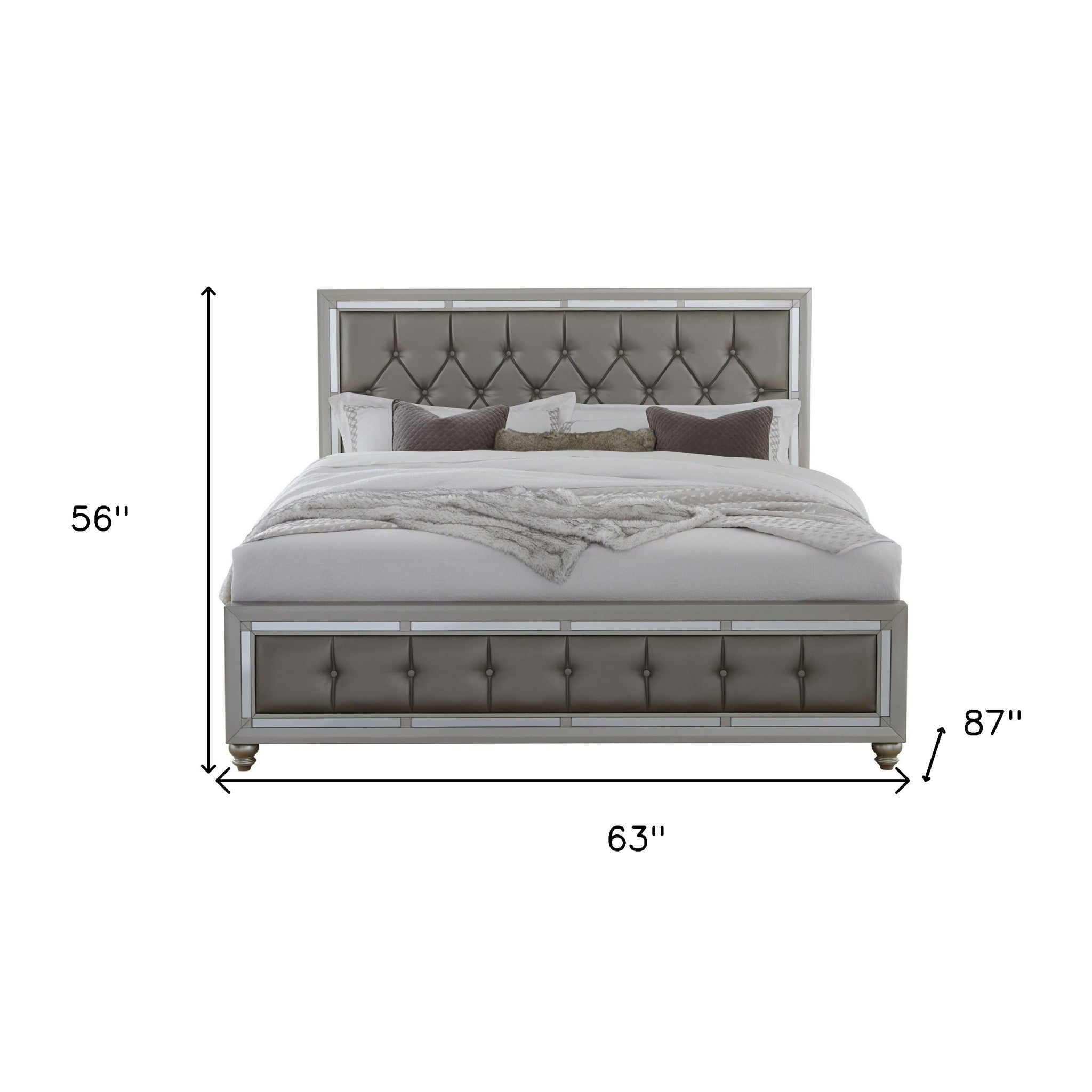 Silver Champagne Tone Queen Bed  Padded Headboard  Padded Footboard  Mirror Trim Accents-5