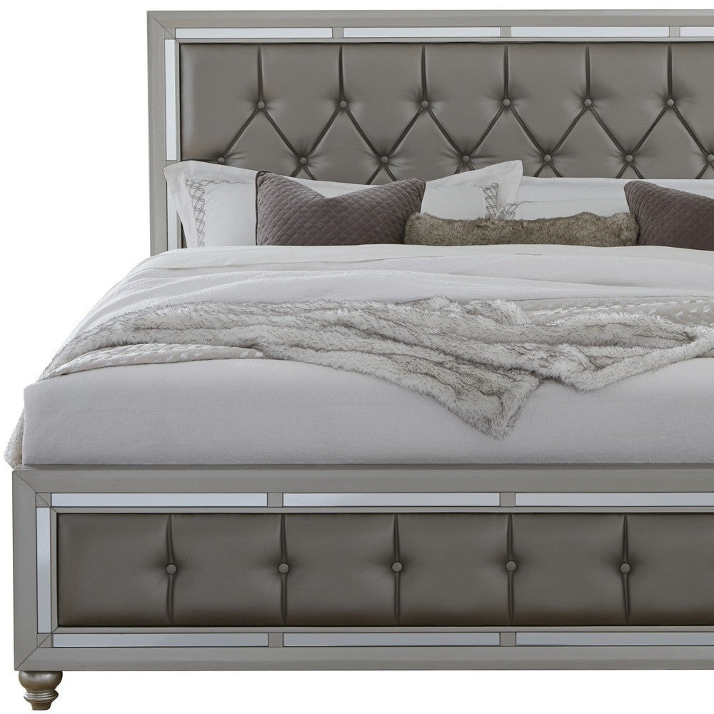 Silver Champagne Tone Queen Bed  Padded Headboard  Padded Footboard  Mirror Trim Accents-3