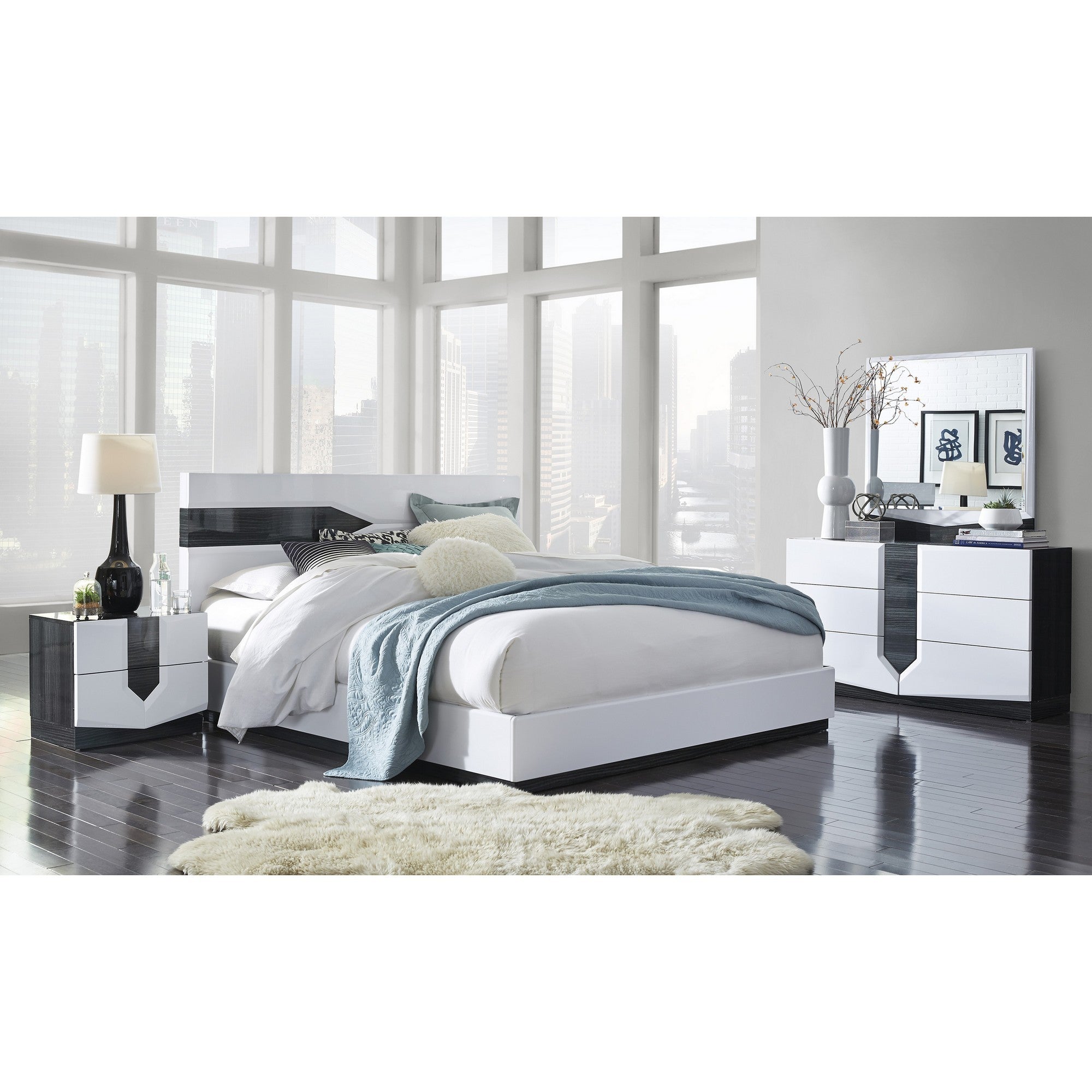 White Tone Queen Bed With Dark Grey Zebrano Details On Headboard And Bottom Rail Accent-4