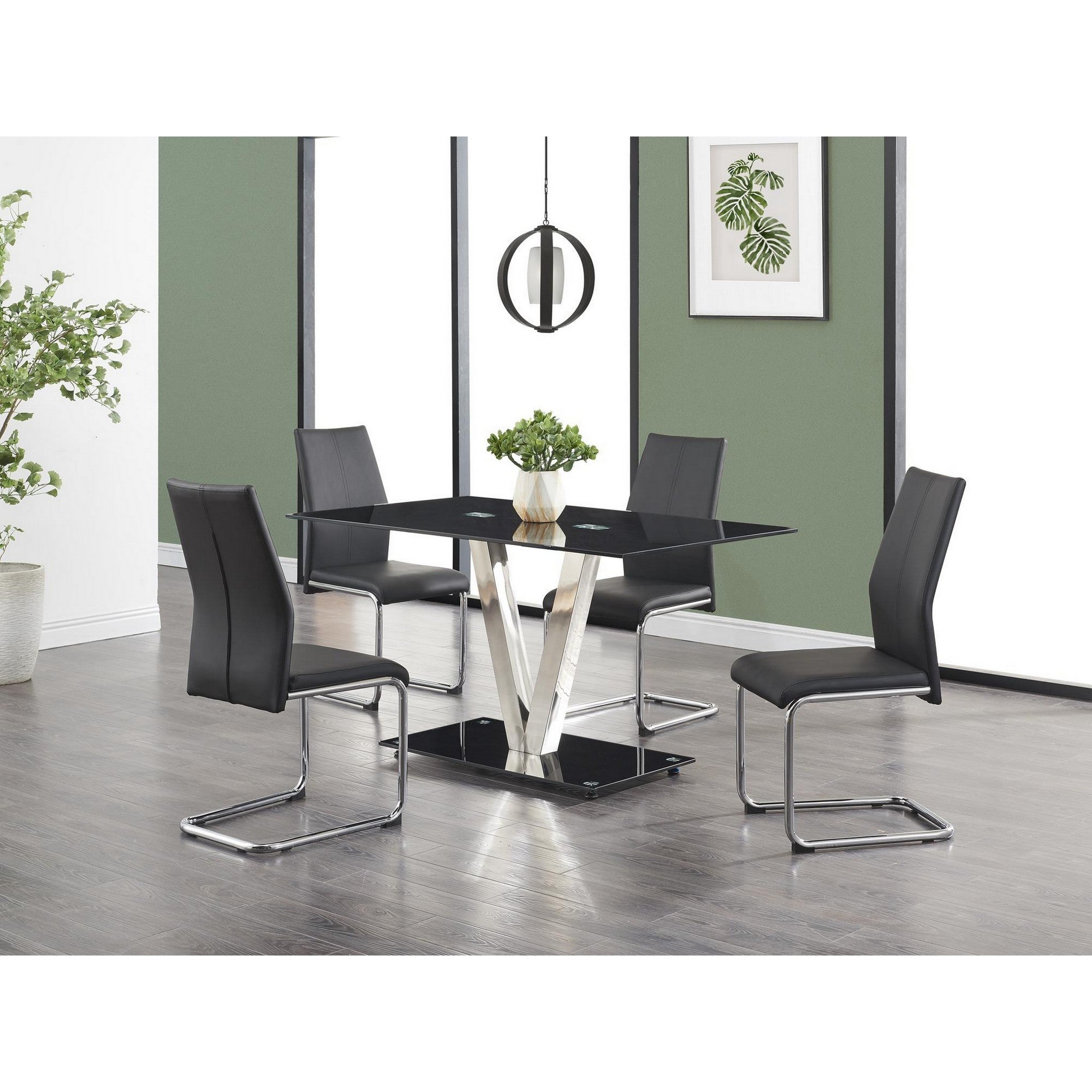 Set Of 4 Modern Black Dining Chairs With Chrome Metal Base-6