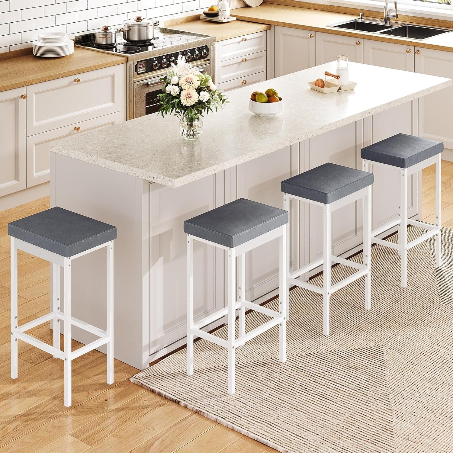 Bar Stools Set Of 2 24.8 Inch Upholstered White Gray