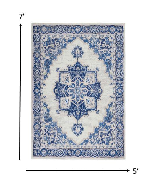 5' X 7' Blue And Ivory Floral Dhurrie Area Rug-2