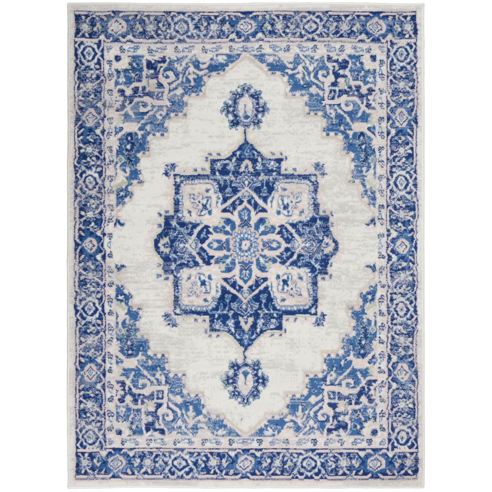 5' X 7' Blue And Ivory Floral Dhurrie Area Rug-1