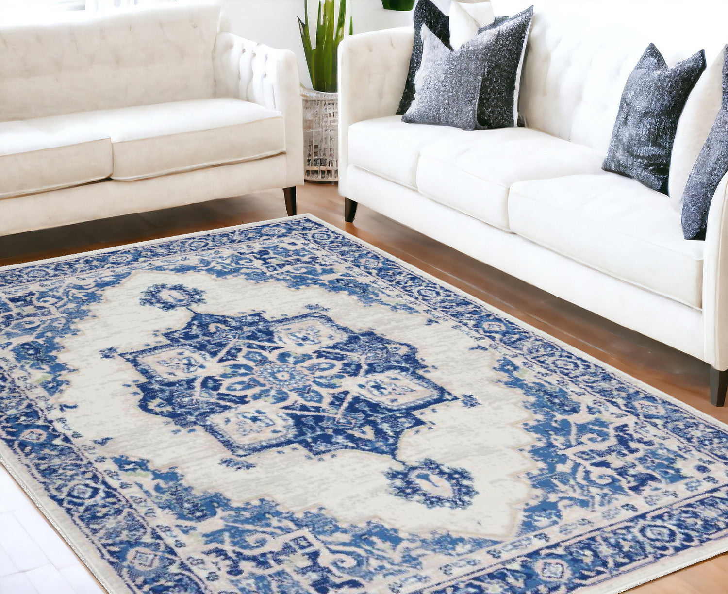 5' X 7' Blue And Ivory Floral Dhurrie Area Rug-0