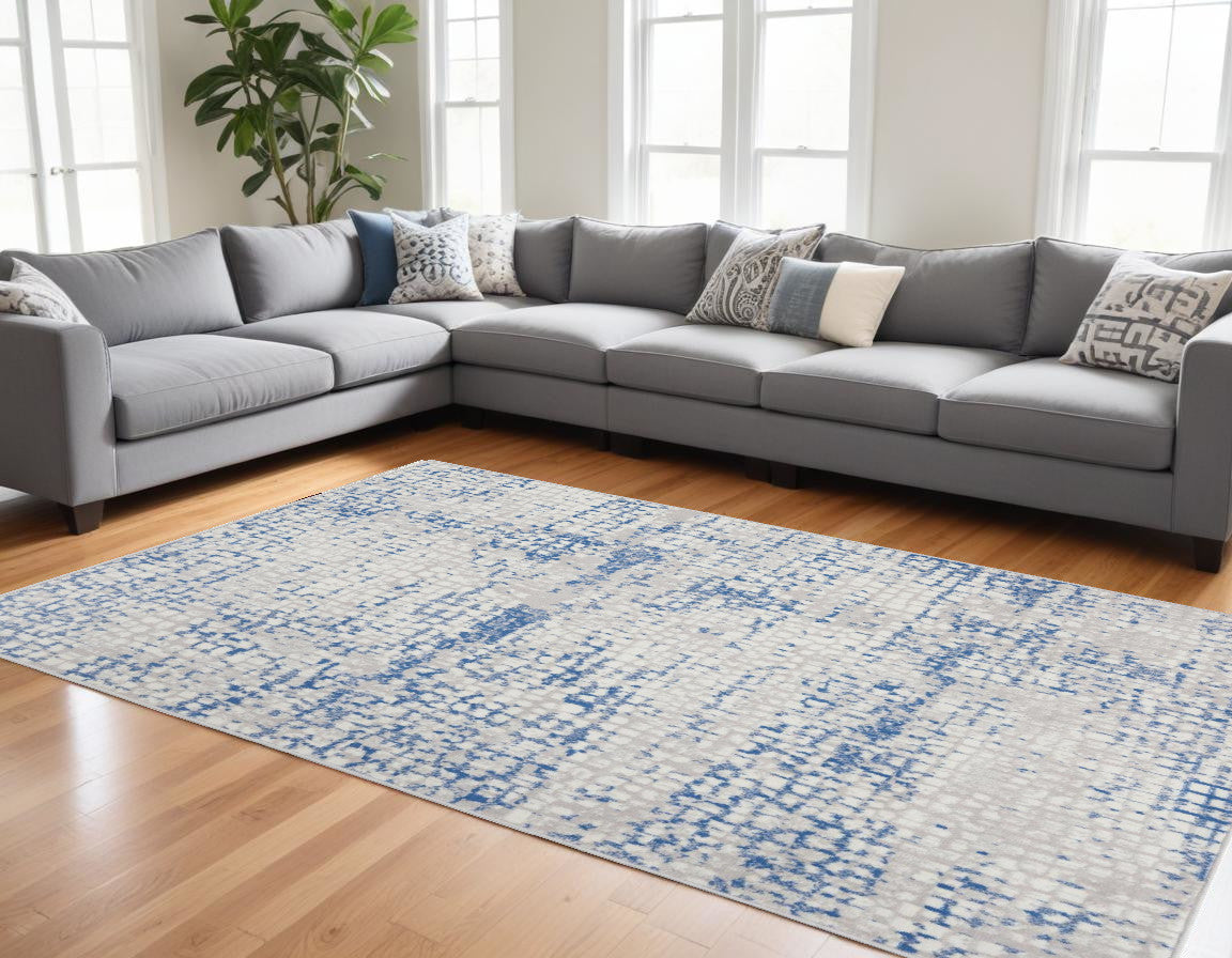 6' X 9' Blue Gray Abstract Dhurrie Area Rug-0