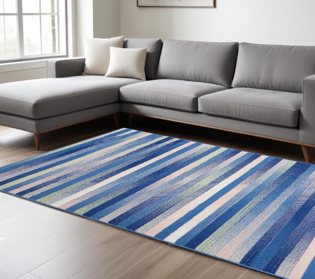 6' X 9' Blue And White Striped Dhurrie Area Rug-0