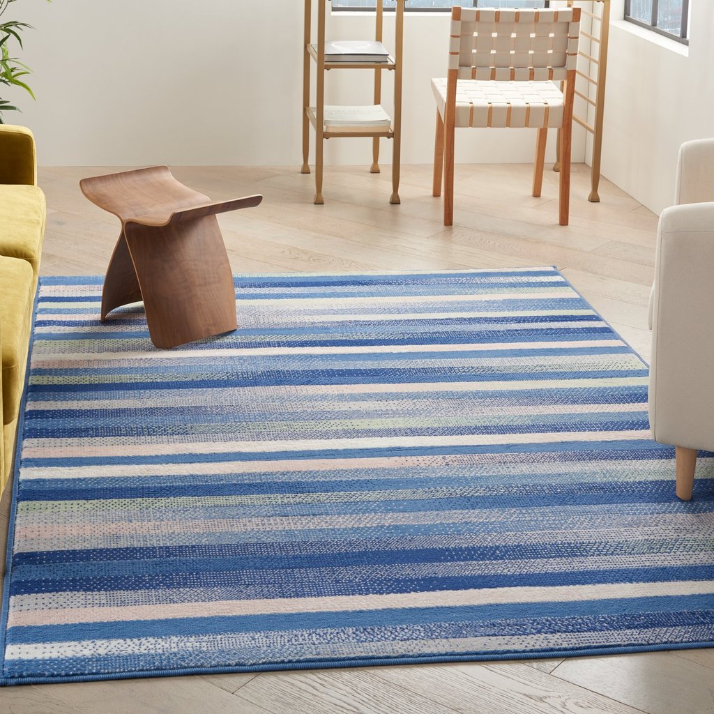 6' X 9' Blue And White Striped Dhurrie Area Rug-7