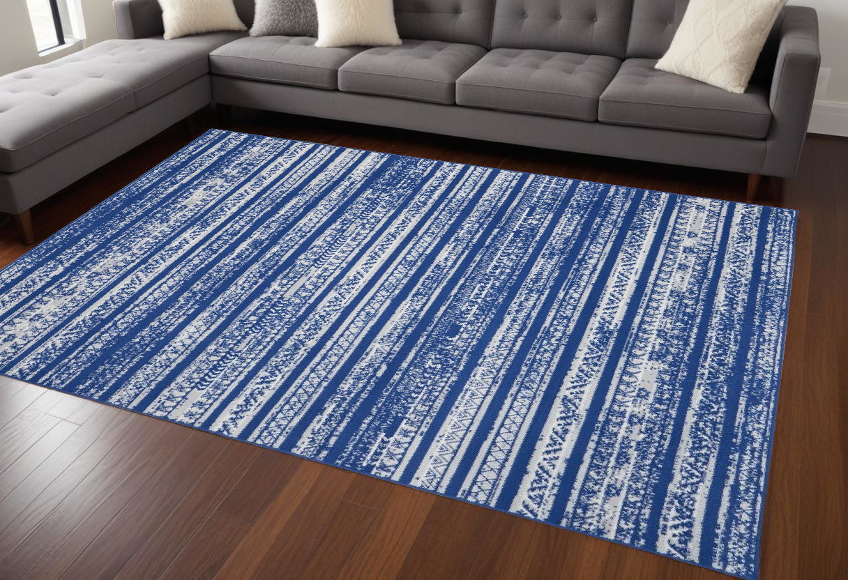 6' X 9' Blue And Ivory Geometric Dhurrie Area Rug-1