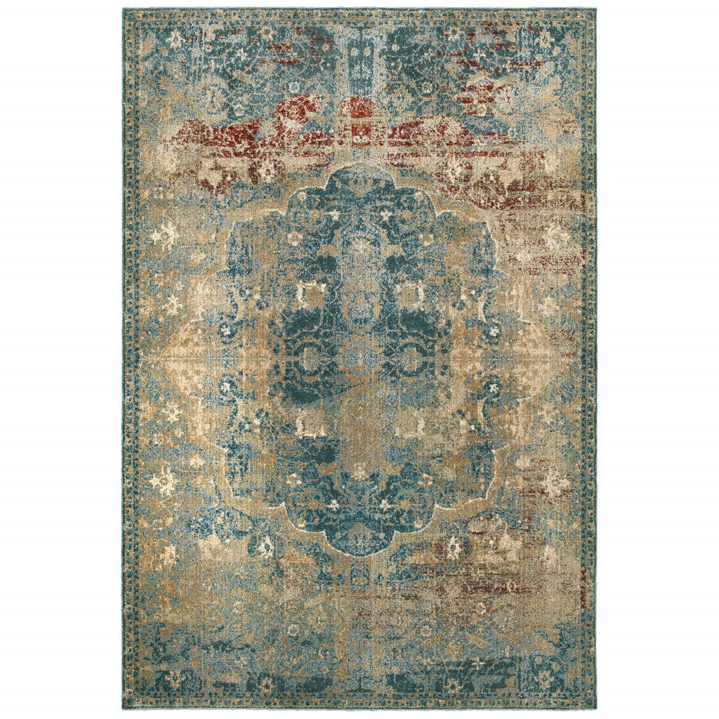 4' X 6' Sand And Blue Distressed Indoor Area Rug-0