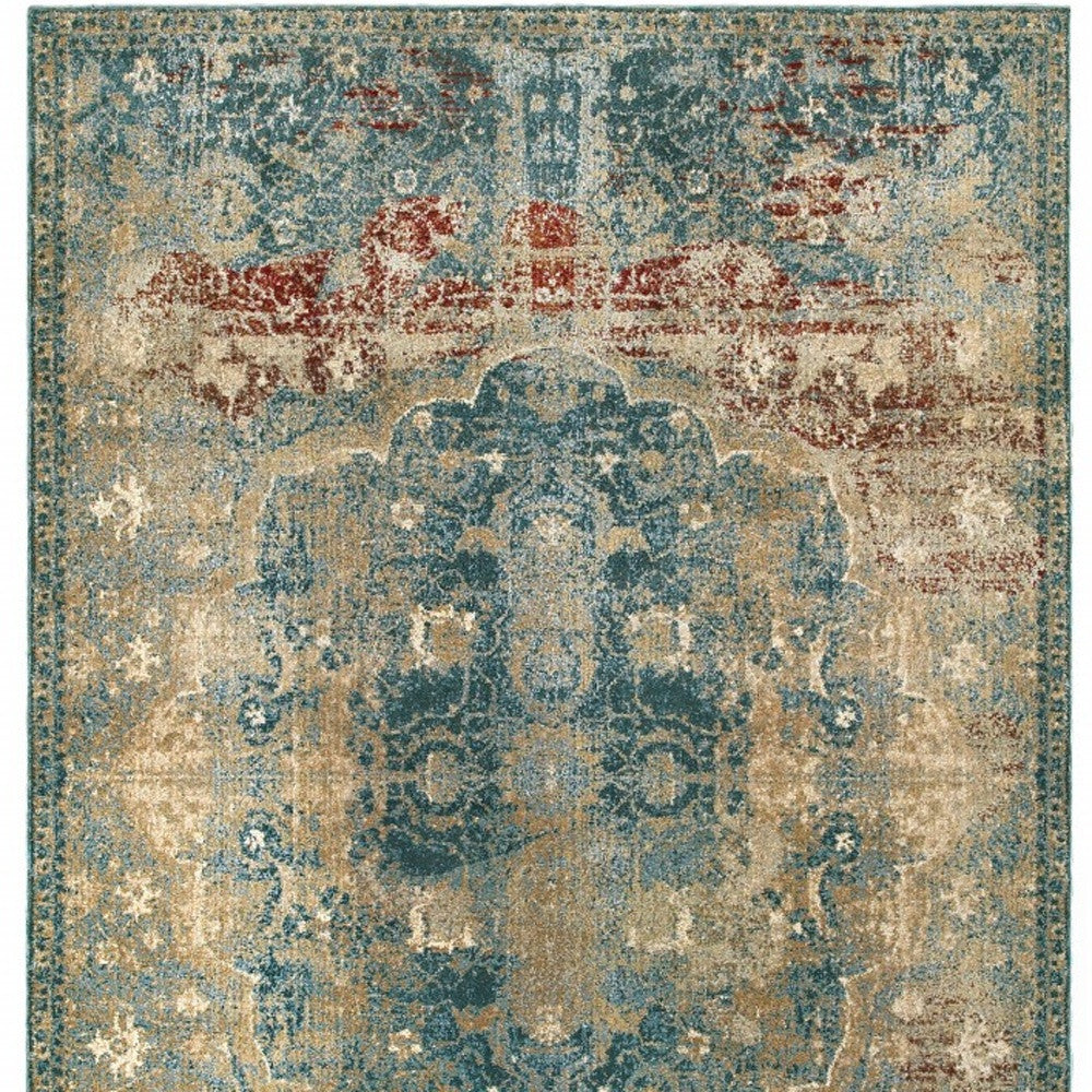 4' X 6' Sand And Blue Distressed Indoor Area Rug-2