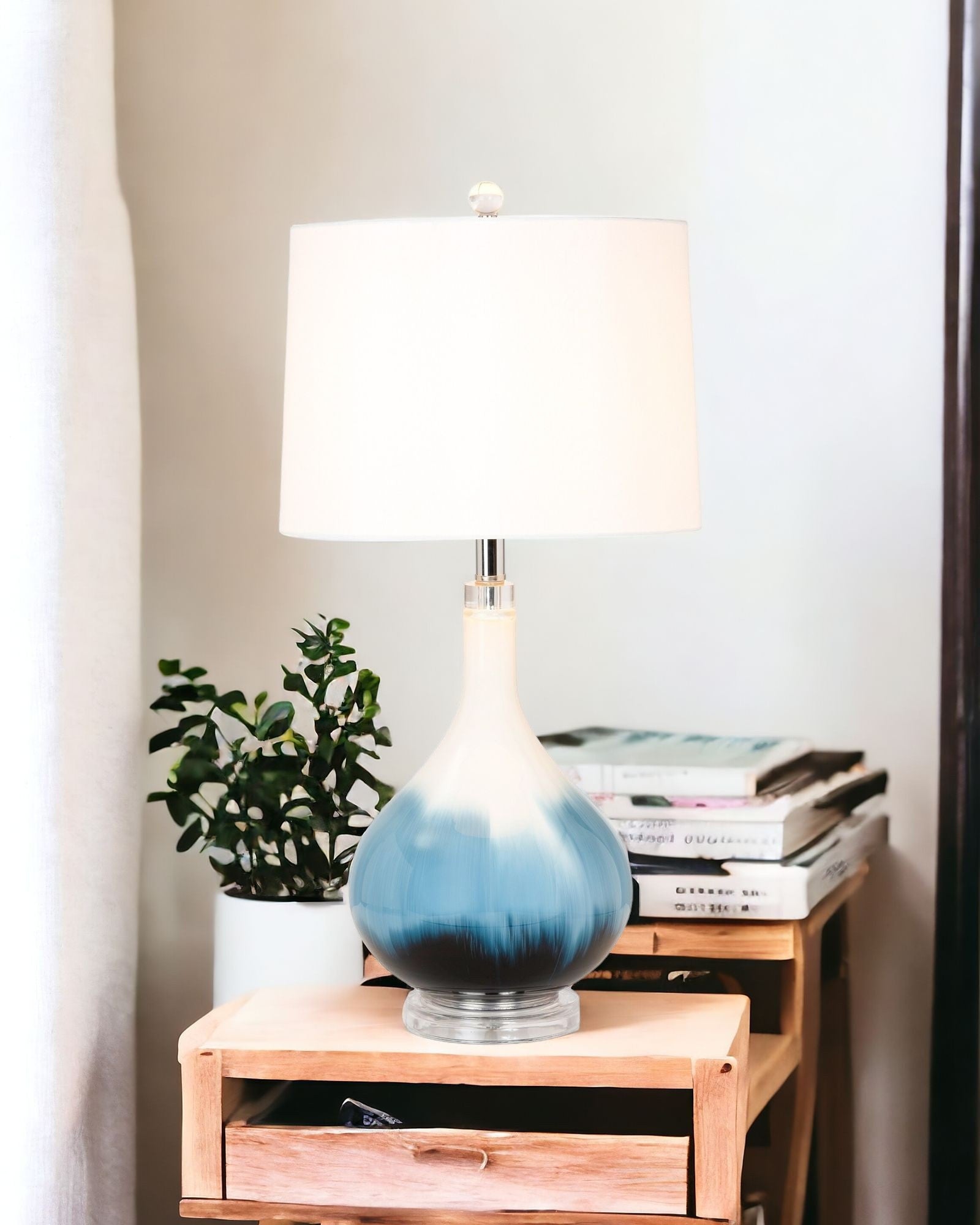 Set of Two 29" Blue and White Glass Table Lamps With White Shades-4