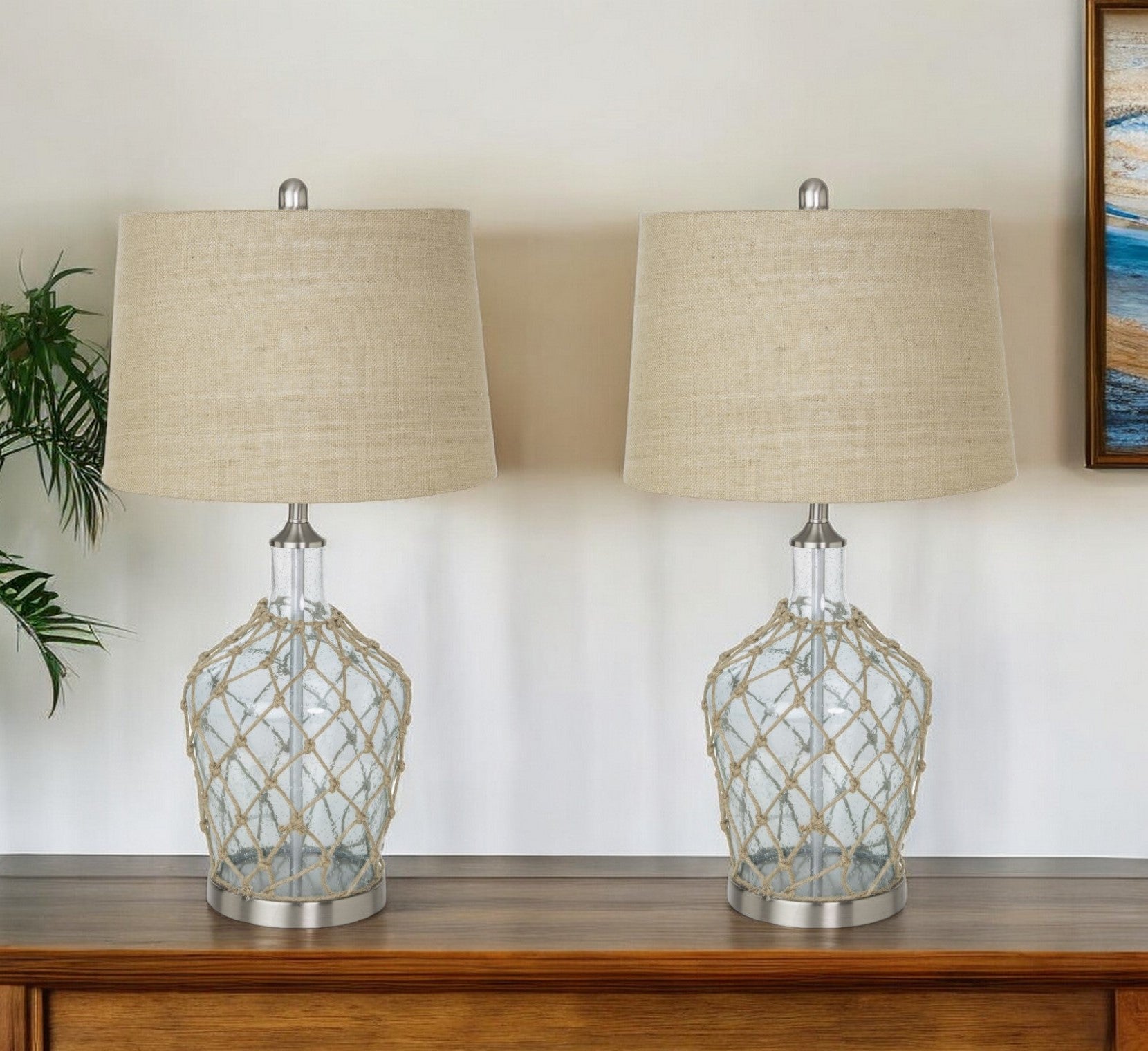 Set of Two 28" Silver Metal Table Lamps With Beige Empire Shade-0