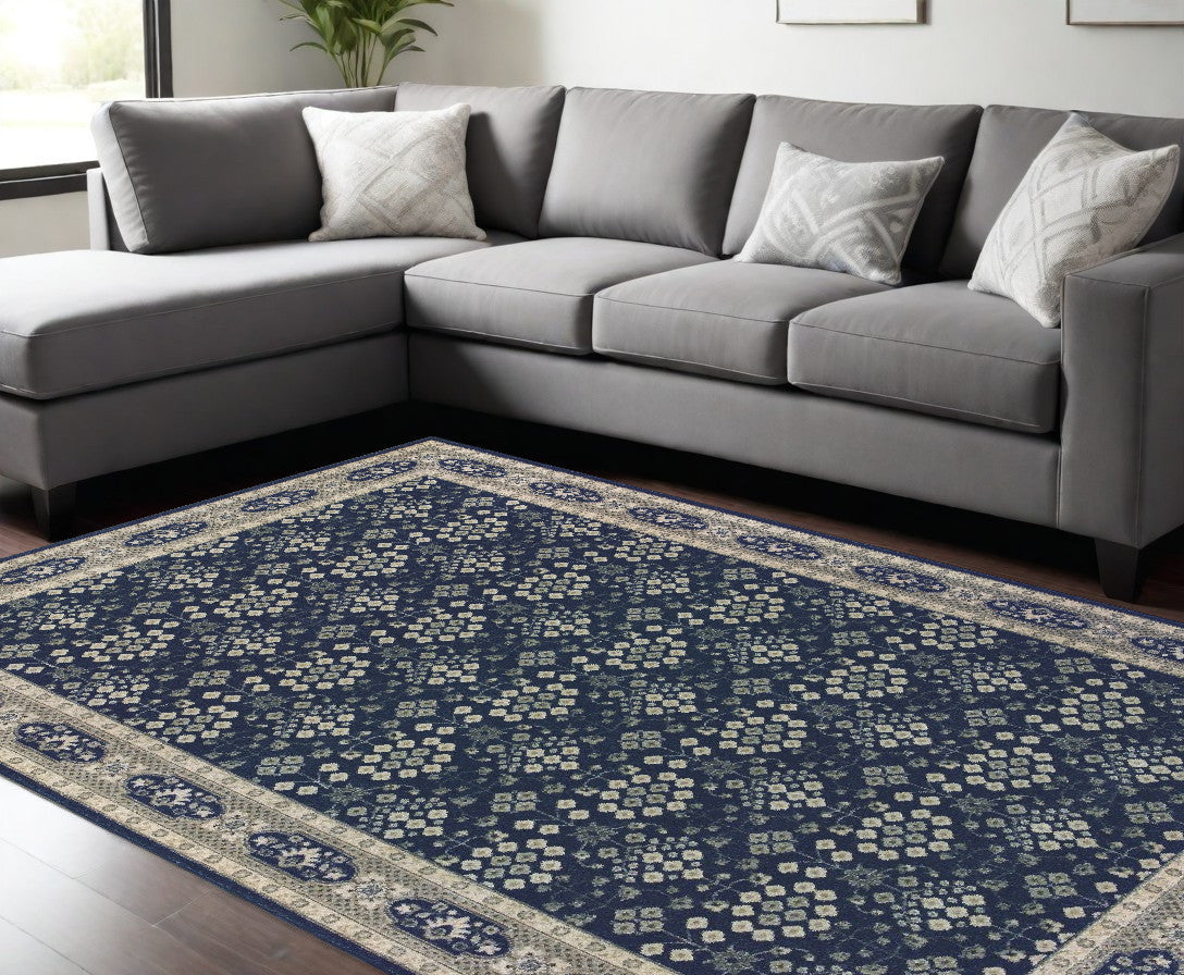 8' X 11' Navy And Gray Floral Ditsy Area Rug-0