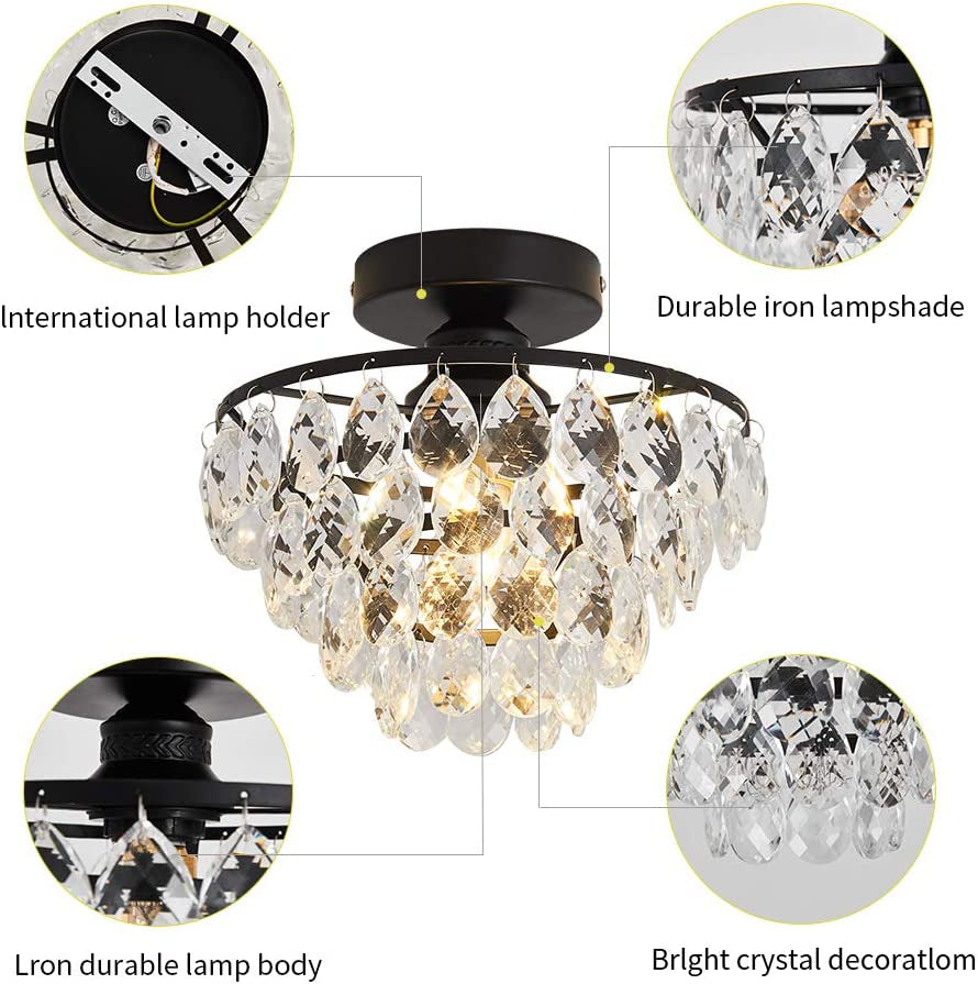 Black Crystal Ceiling Light Fixture Semi Flush Mount