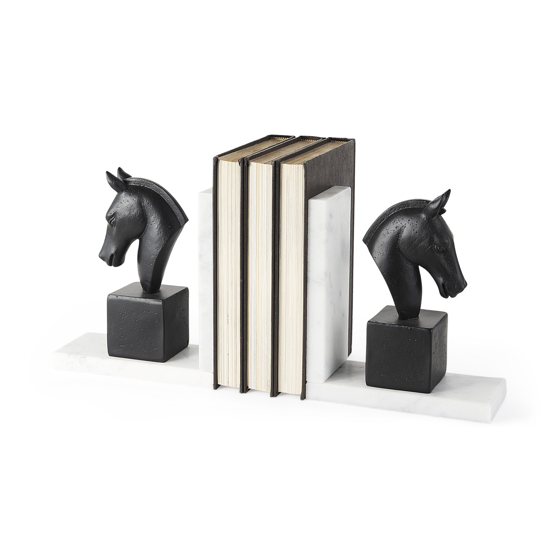 Black Stallion On White Marble Bookends-2