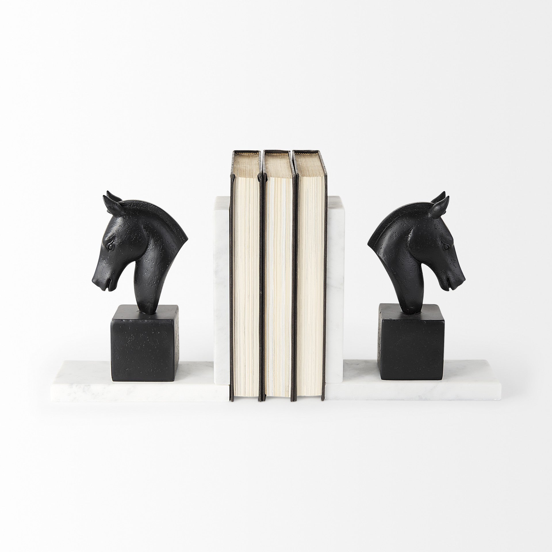 Black Stallion On White Marble Bookends-3