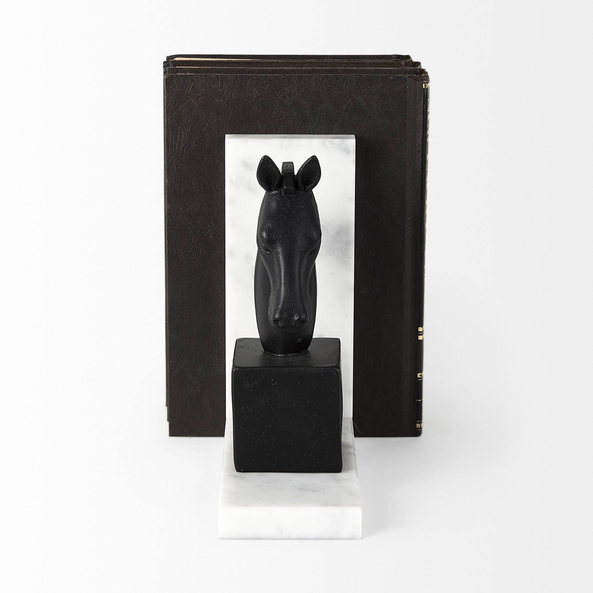 Black Stallion On White Marble Bookends-0