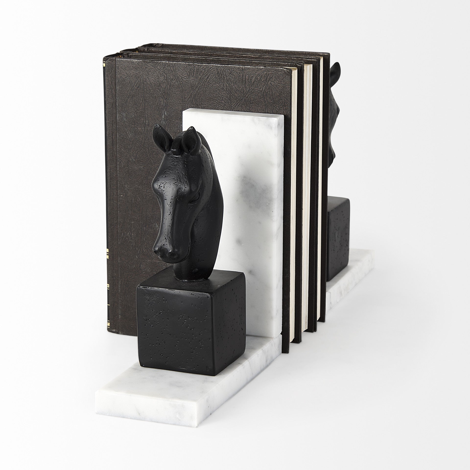 Black Stallion On White Marble Bookends-1