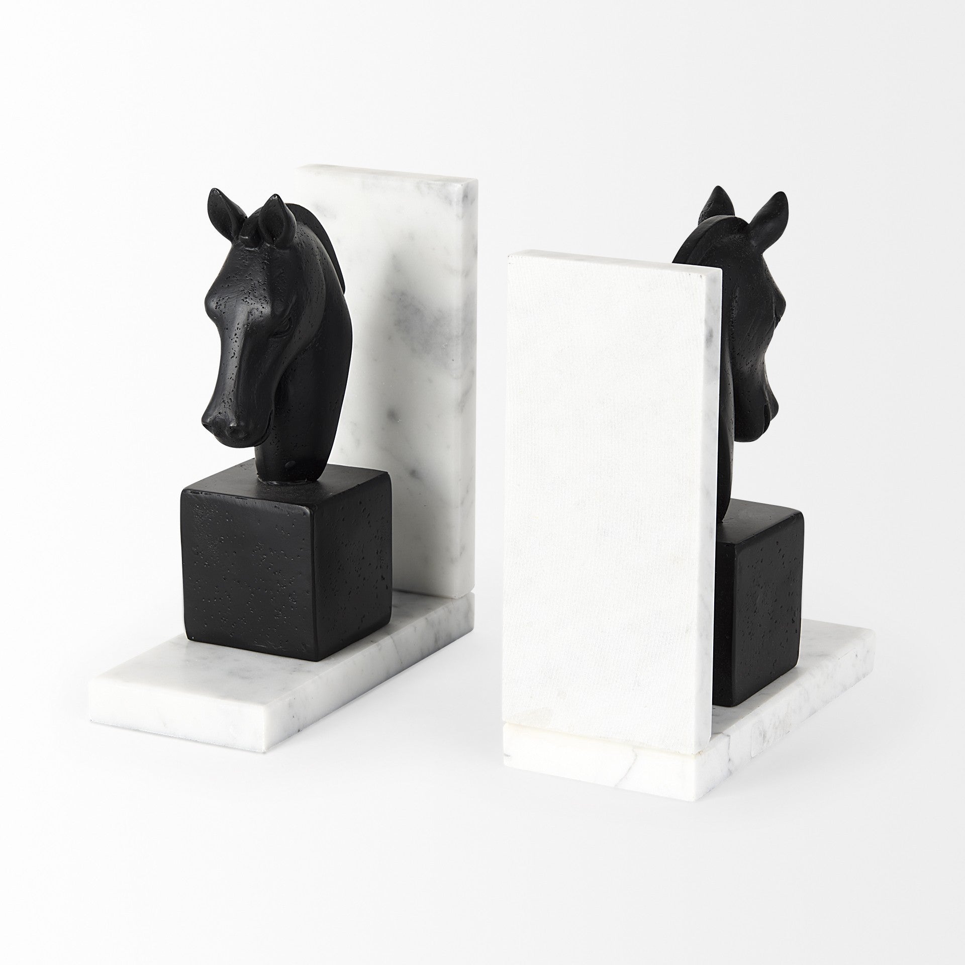 Black Stallion On White Marble Bookends-4