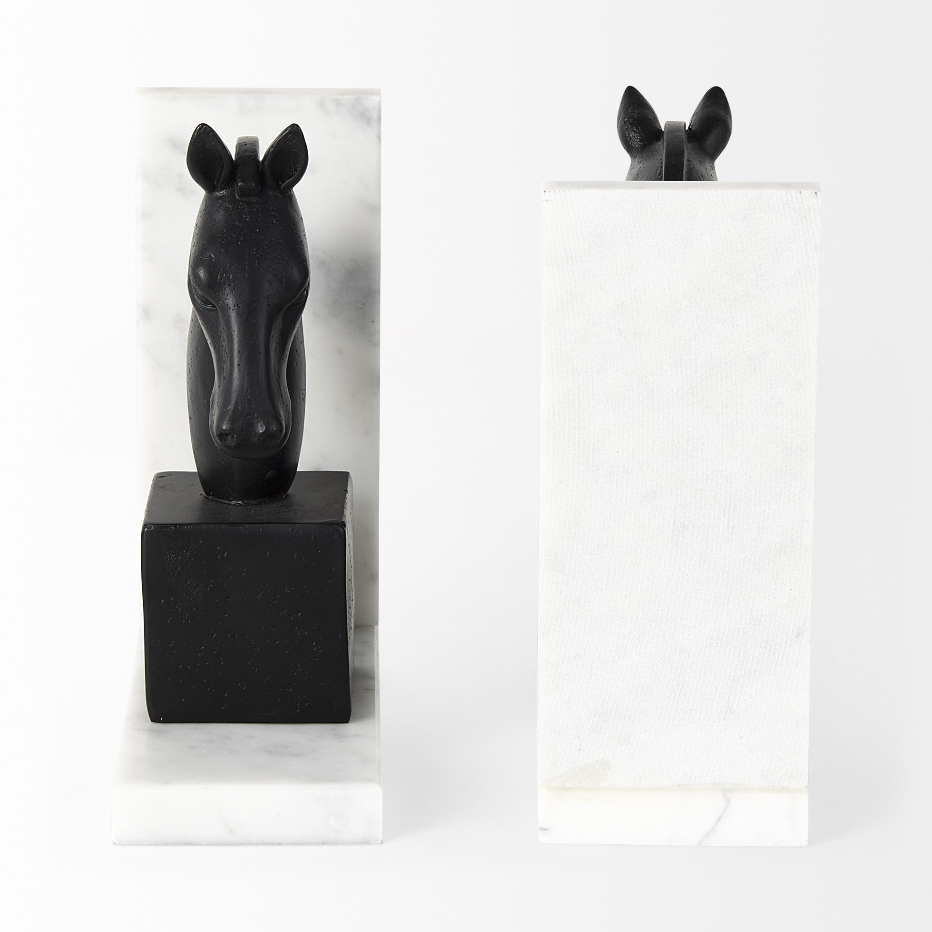 Black Stallion On White Marble Bookends-5