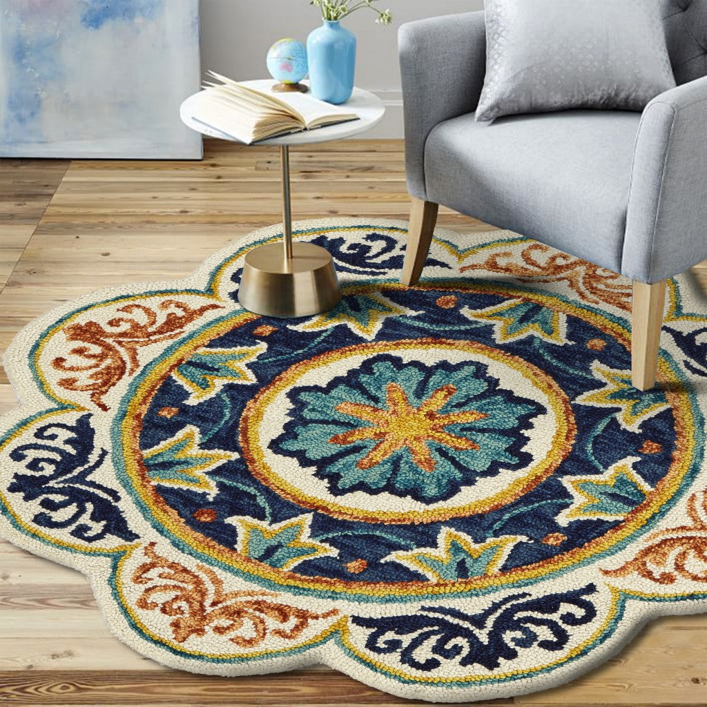 4' Round Ivory And Navy Decorative Area Rug-8