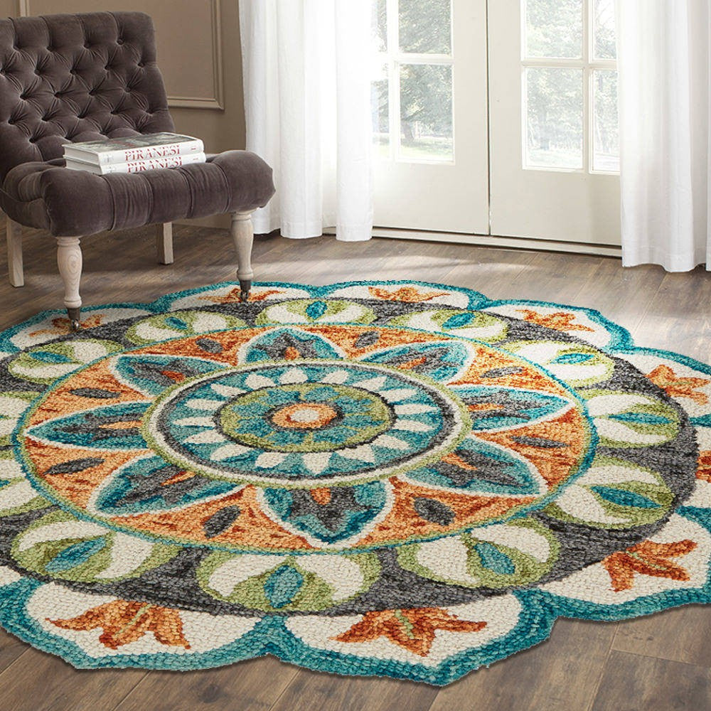 4' Round Blue And Orange Medallion Area Rug-5