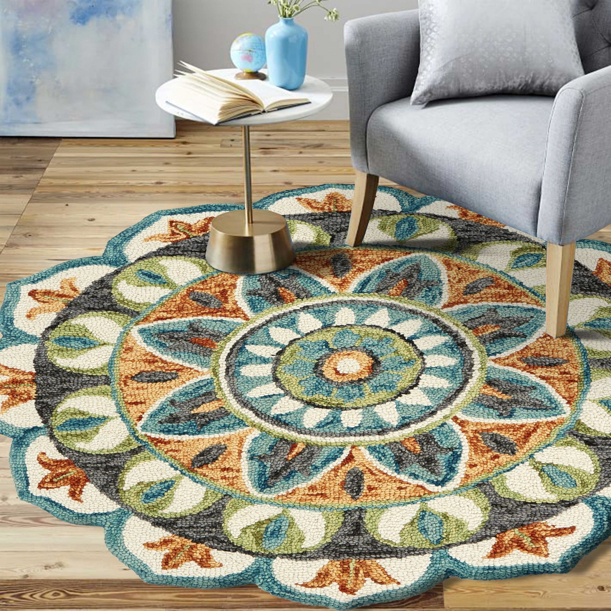 4' Round Blue And Orange Medallion Area Rug-6