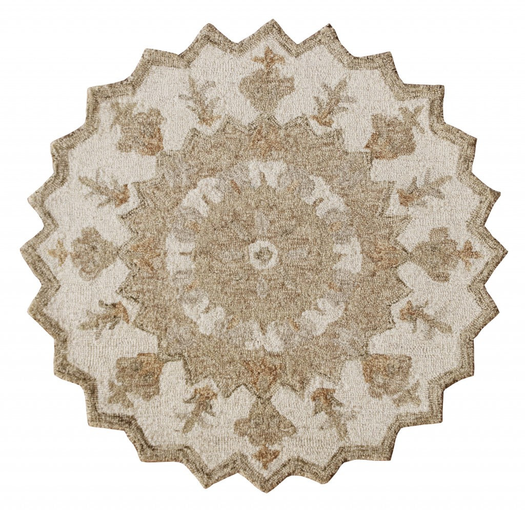 3' Round Tan Retro Modern Medallion Area Rug-1