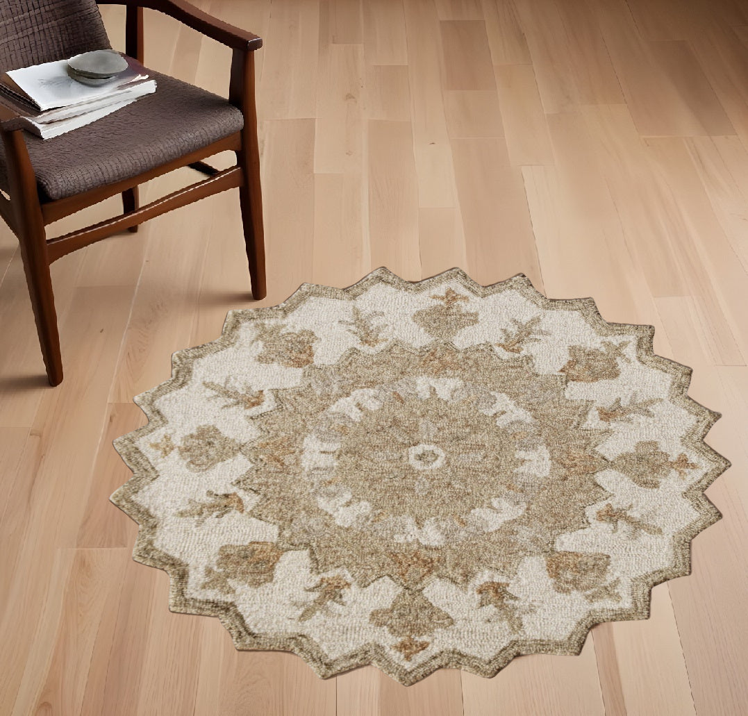 3' Round Tan Retro Modern Medallion Area Rug-0