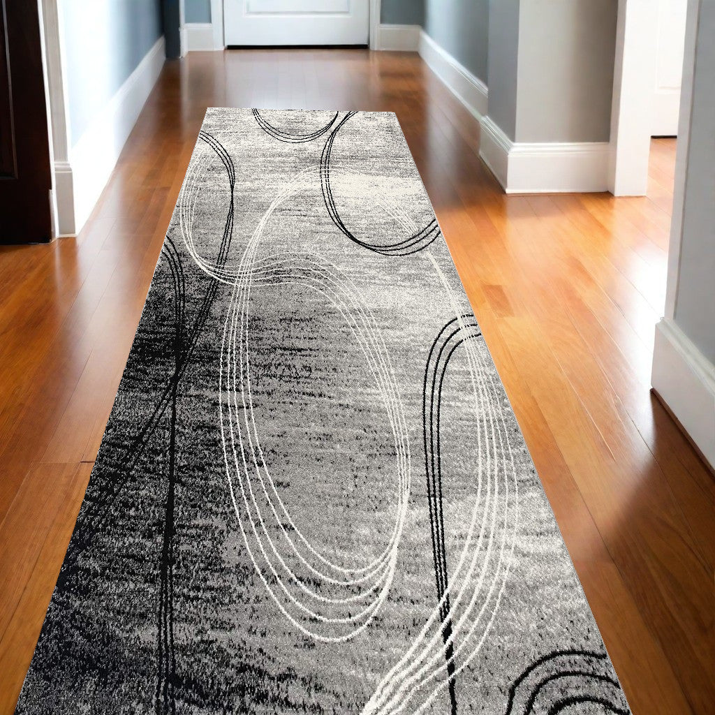 13' Runner Gray and Black Abstract Shag Power Loom Runner Rug-0