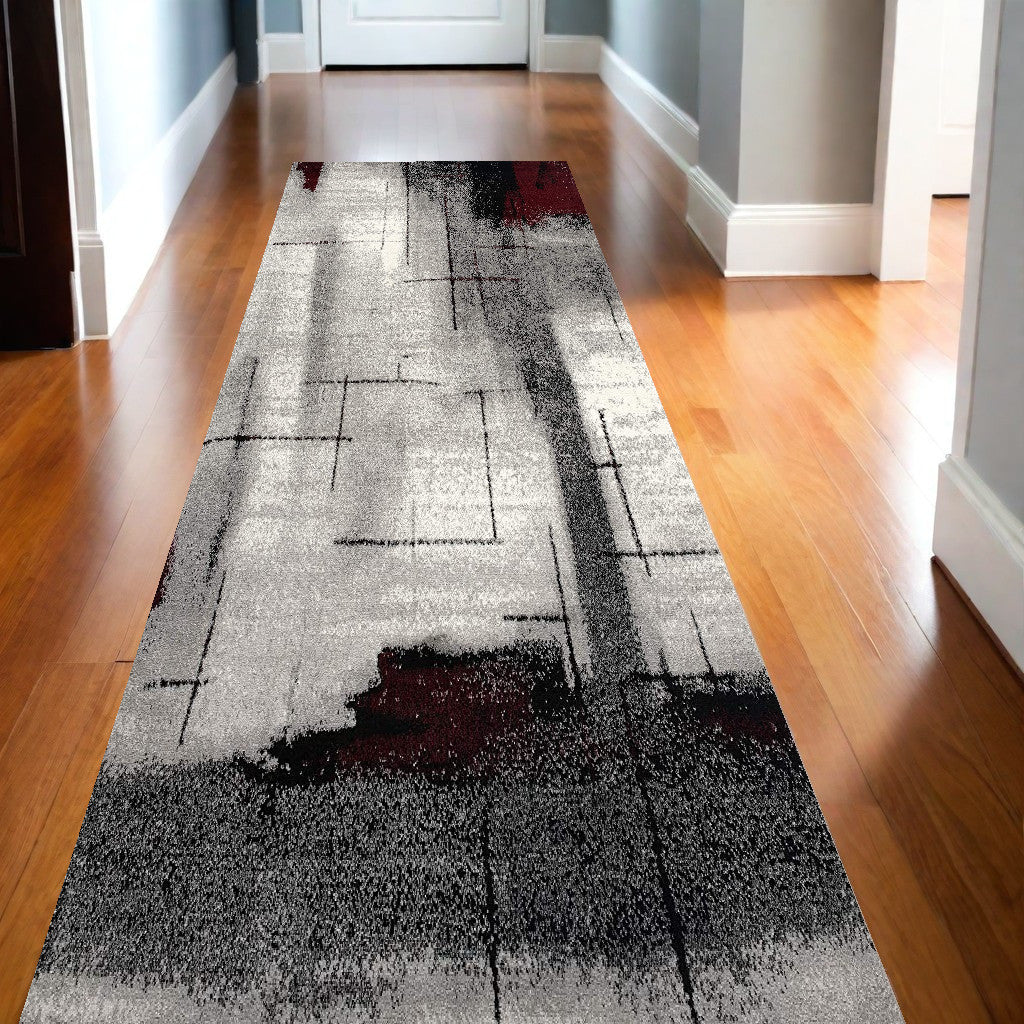 13' Runner Gray and Ivory Abstract Shag Power Loom Runner Rug-0