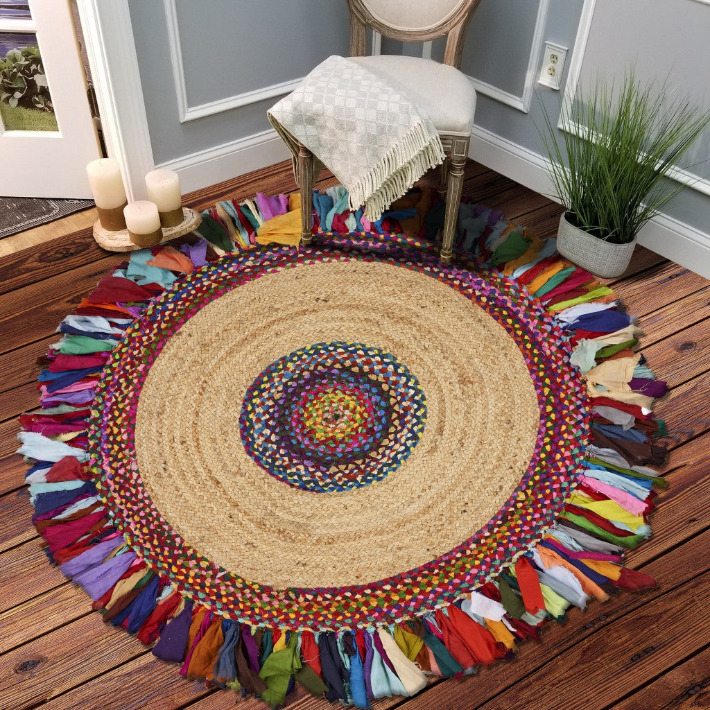 Natural Jute Multicolored Medallion Area Rug With Fringe-6