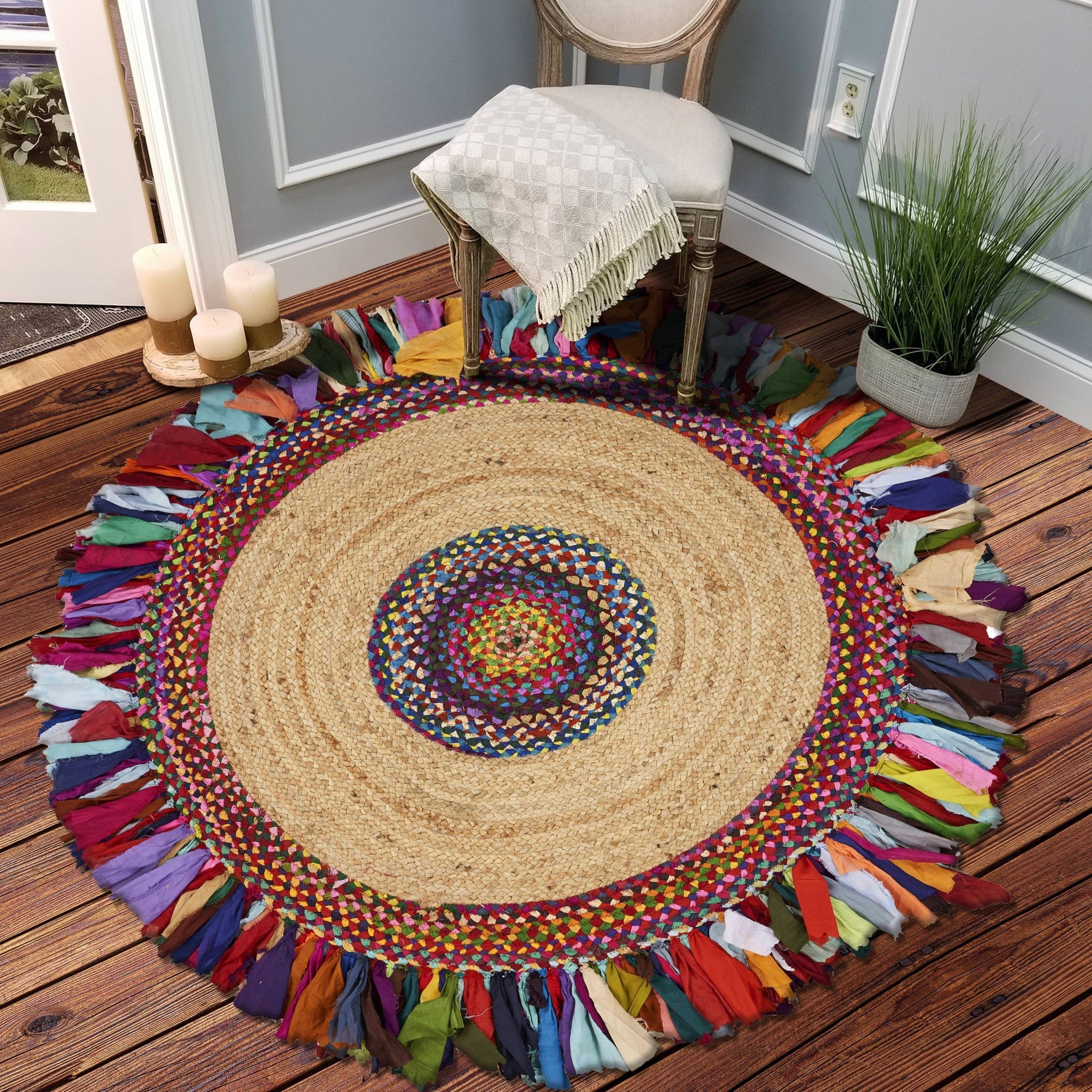 Natural Jute Multicolored Medallion Area Rug With Fringe-7