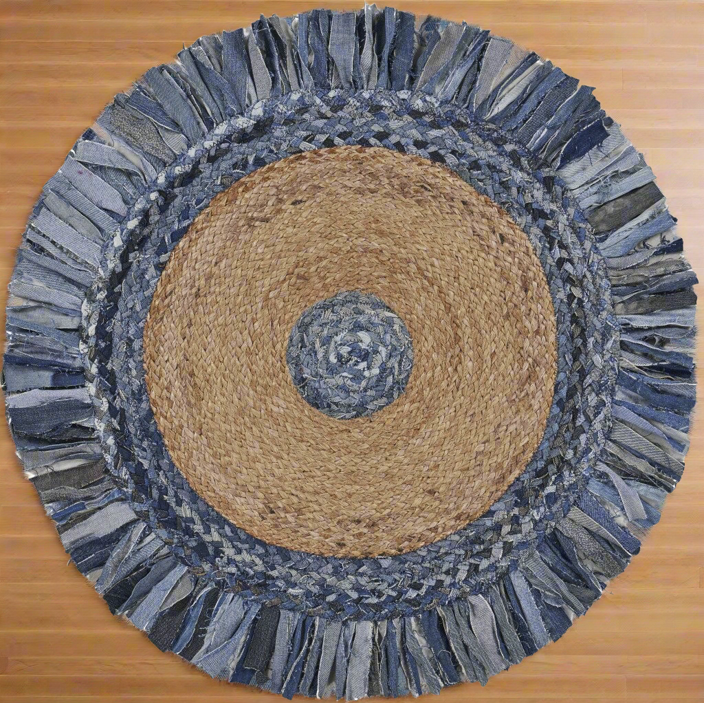 Denim and Natural Jute Fringed Round Rug