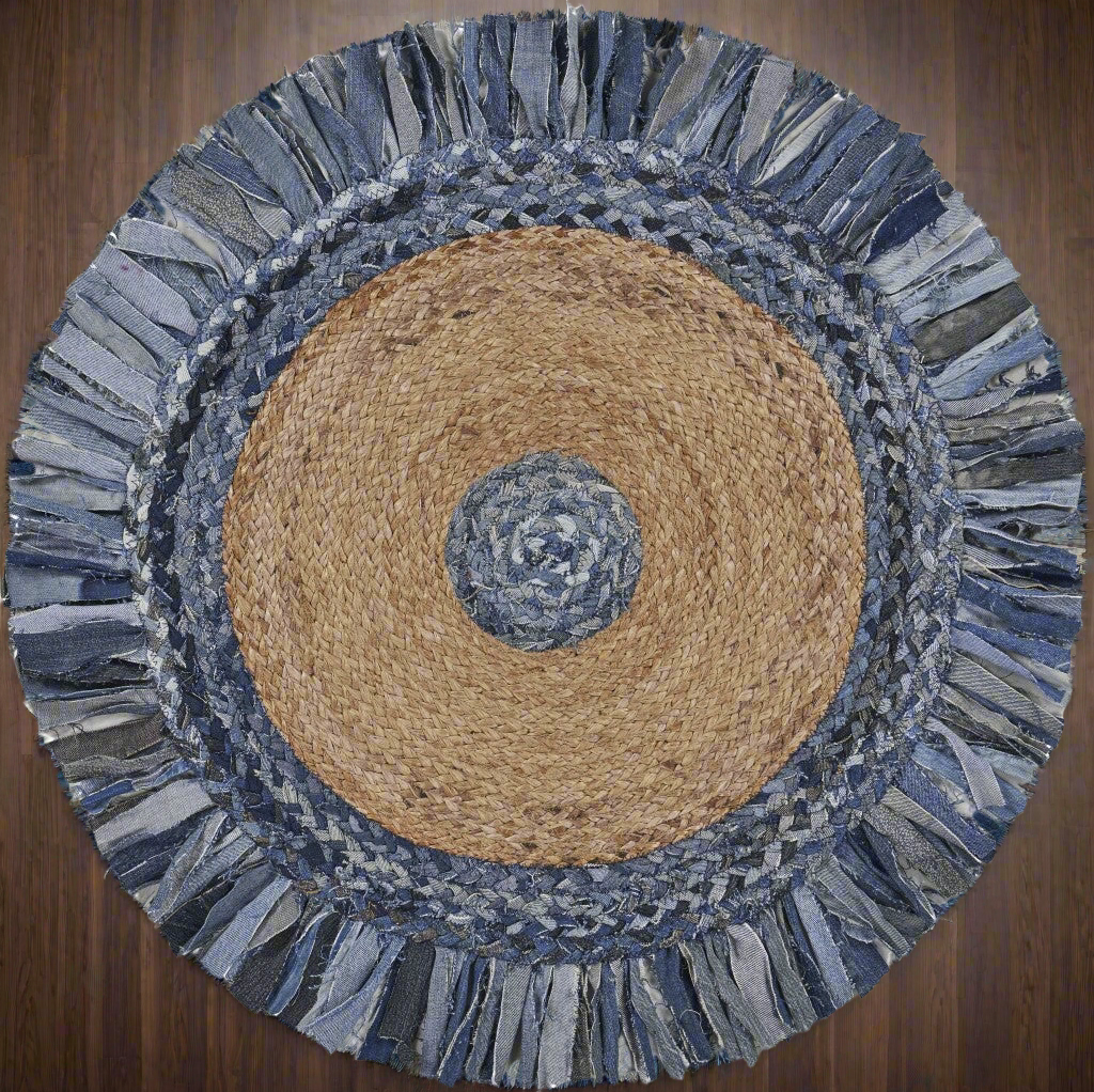 Denim and Natural Jute Fringed Round Rug