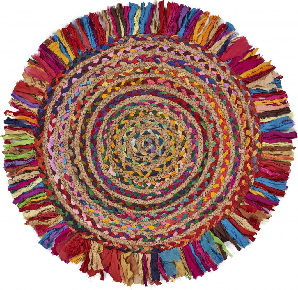 Multicolored Chindi And Natural Jute Fringed Round Rug-0