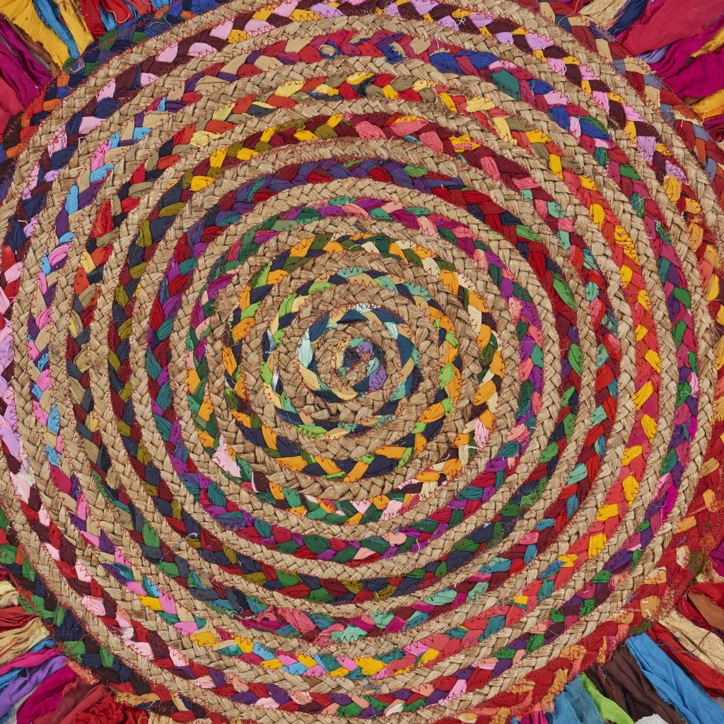 Multicolored Chindi And Natural Jute Fringed Round Rug-6