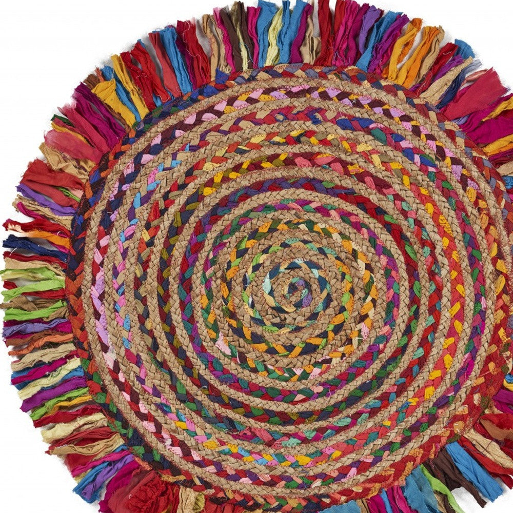 Multicolored Chindi And Natural Jute Fringed Round Rug-2