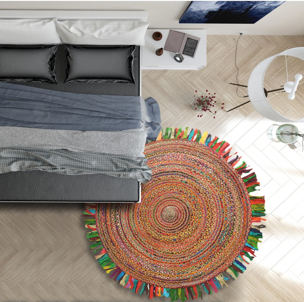 Multicolored Chindi And Natural Jute Fringed Round Rug-3