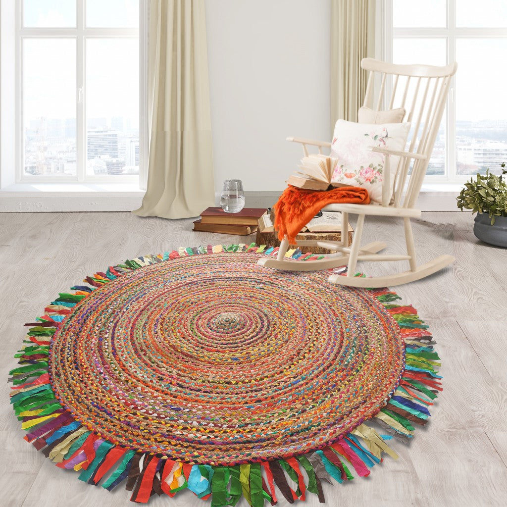 Multicolored Chindi And Natural Jute Fringed Round Rug-4