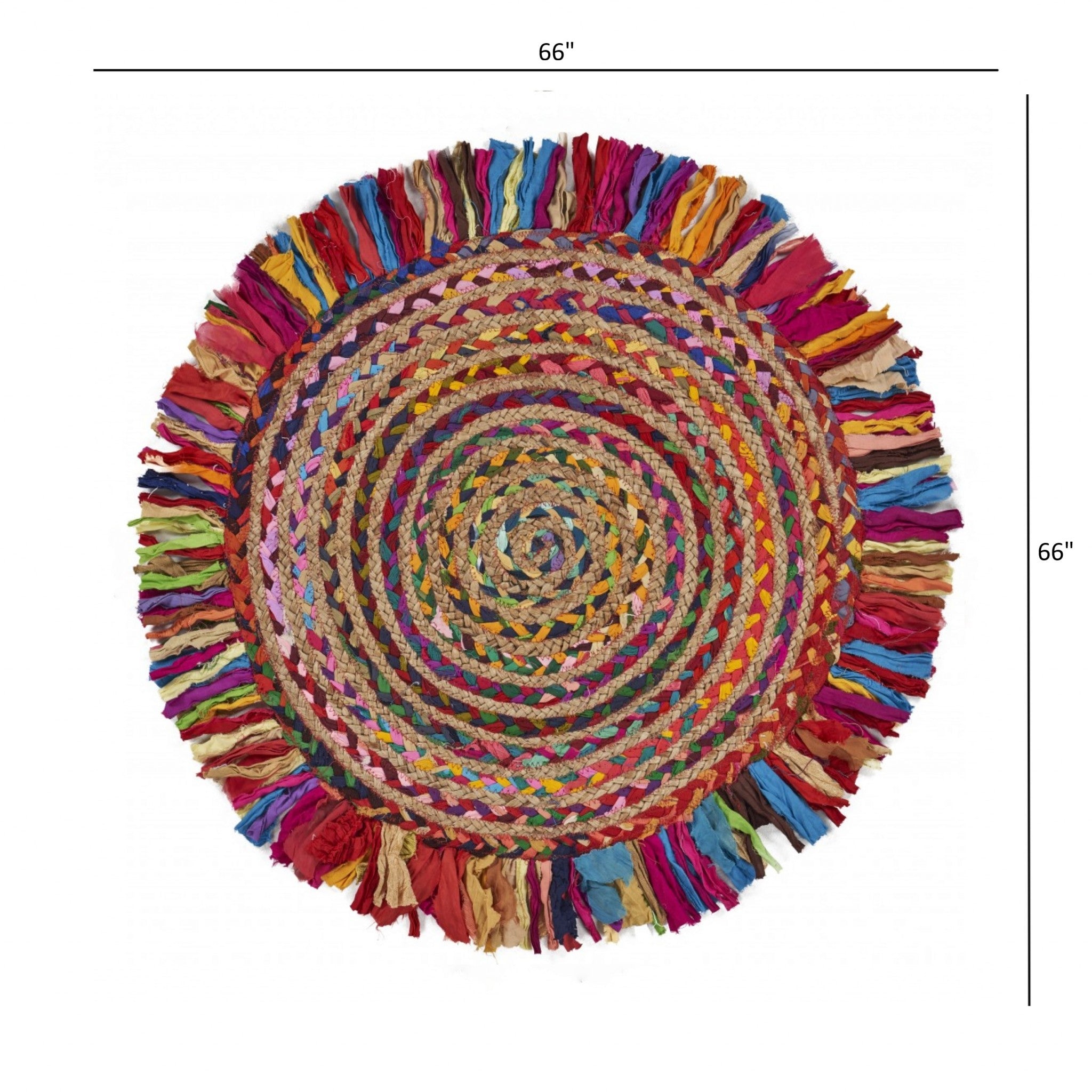 Multicolored Chindi And Natural Jute Fringed Round Rug-5