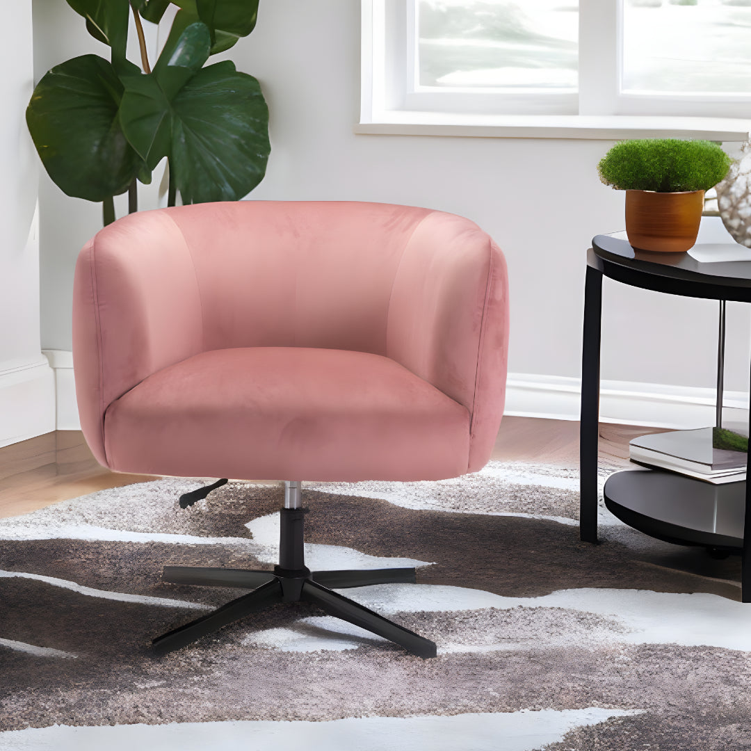 30" Pink And Black Velvet Swivel Barrel Chair-0