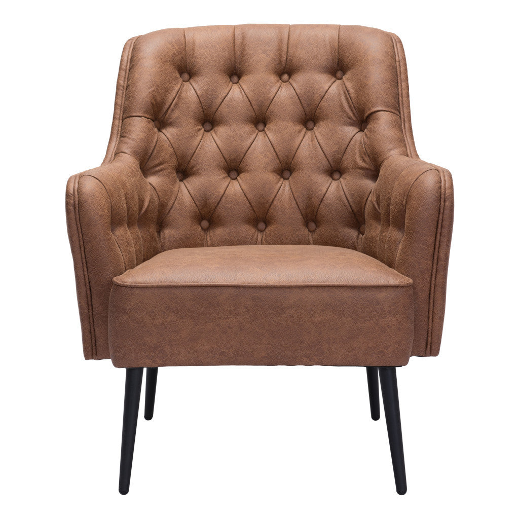 29" Brown Faux Leather And Gold Tufted Arm Chair-0