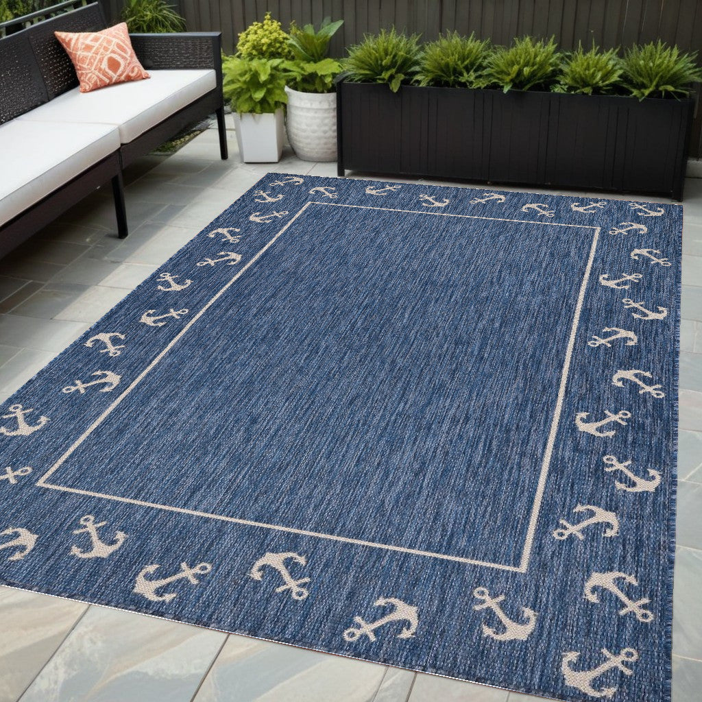 5' X 7' Blue and Natural Nautical Anchor Indoor Outdoor Area Rug-0