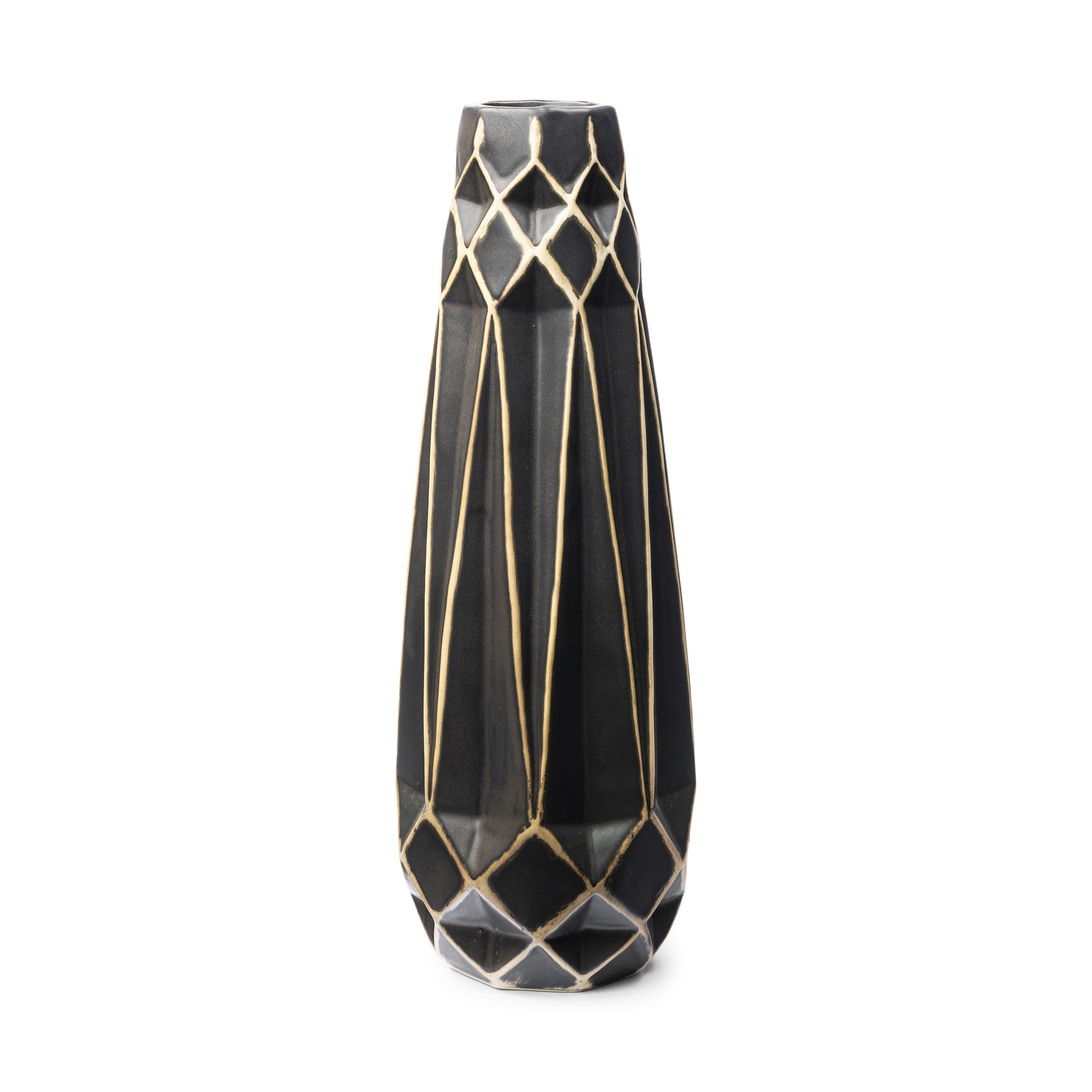 18" Ceramic Black and Gold Abstract Cylinder Table Vase-0