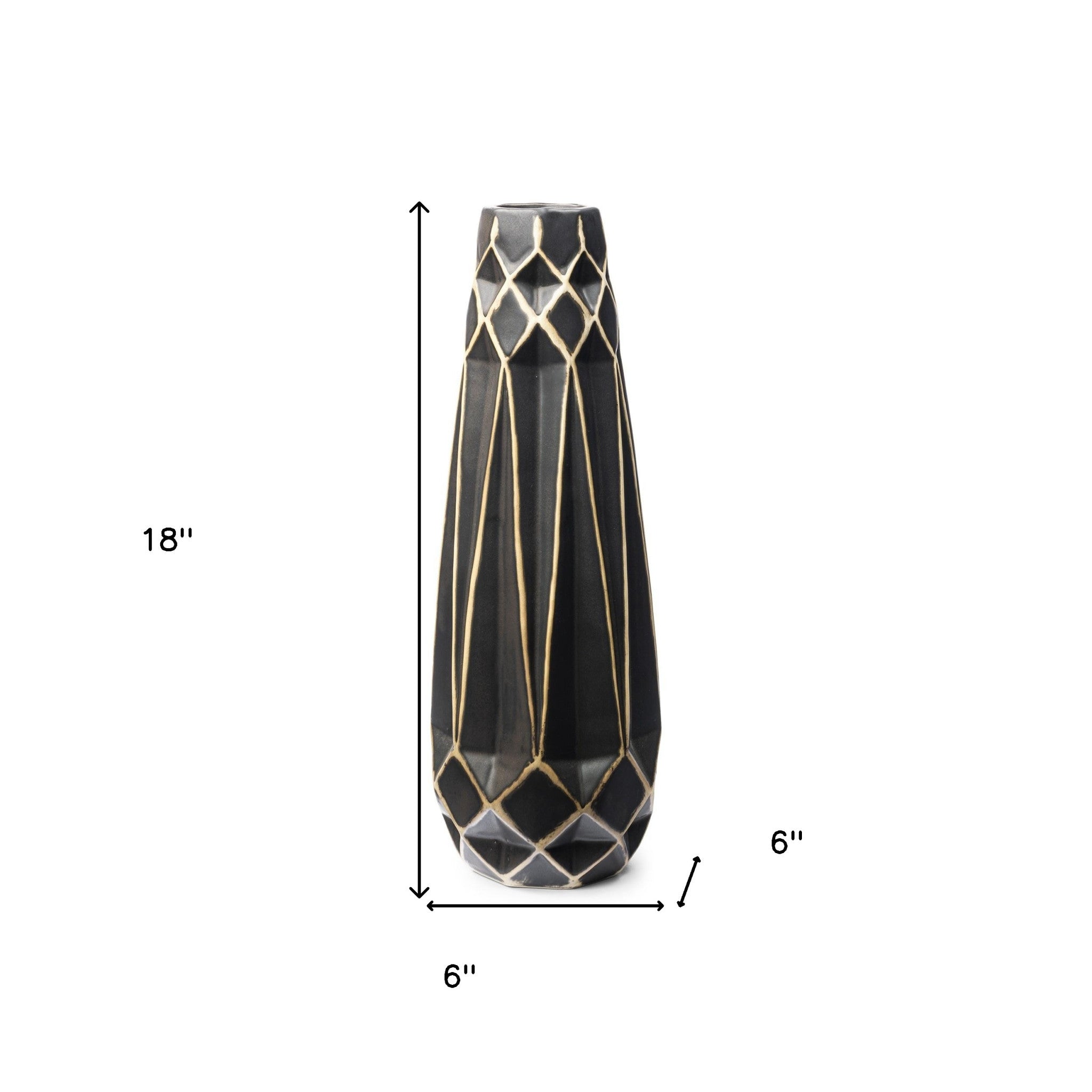 18" Ceramic Black and Gold Abstract Cylinder Table Vase-4