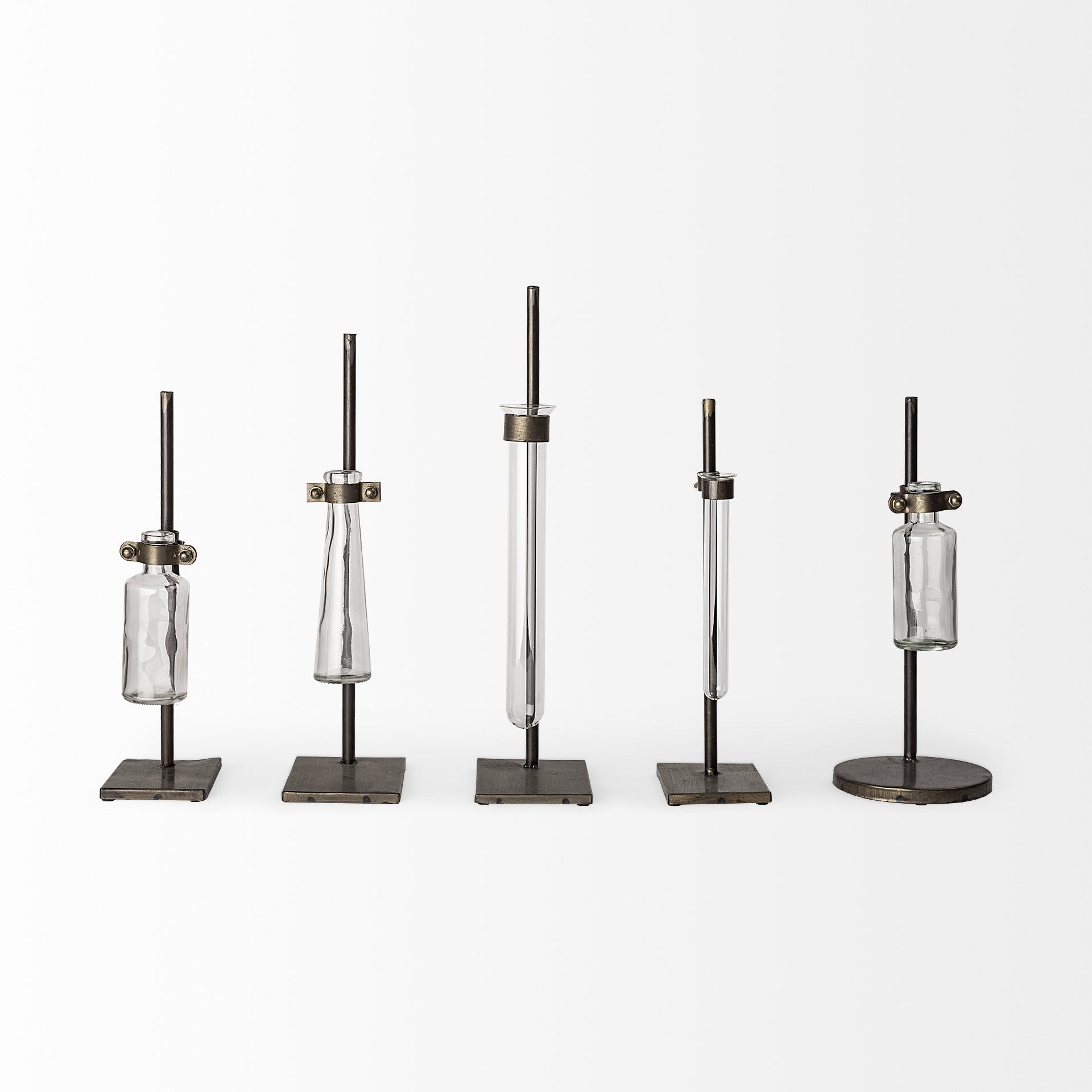 Set of Five Test Tube Vases with Metal Bases-1