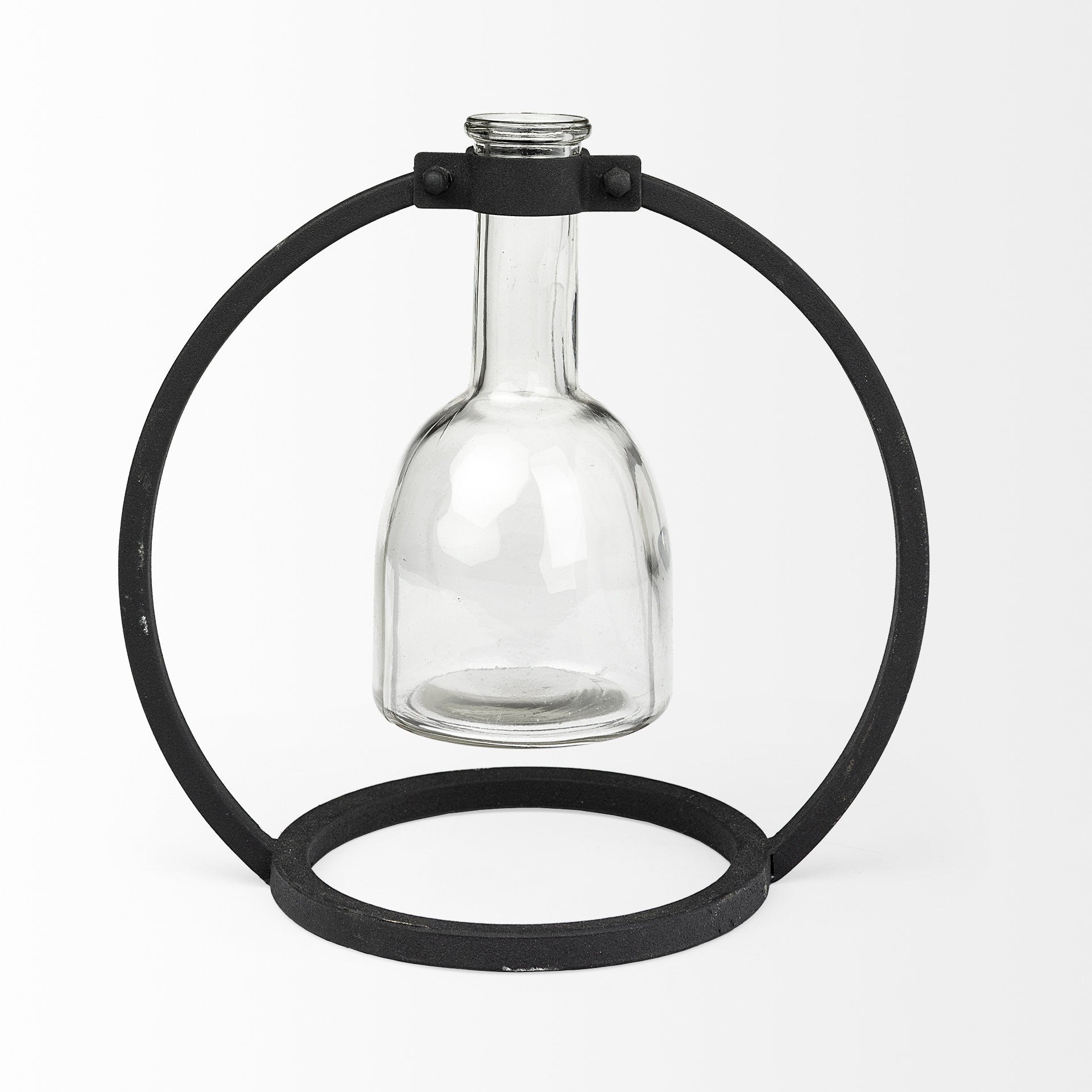 Modern Industrial Black Round Metal and Glass Vase-2