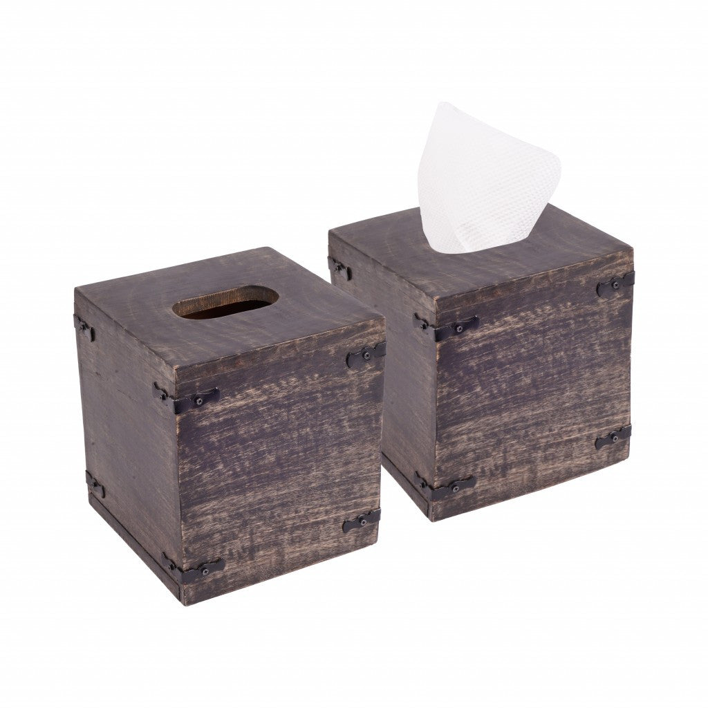 Set of 2 Rustic Dark Burnt Mango Wood Square Tissue Holders-2