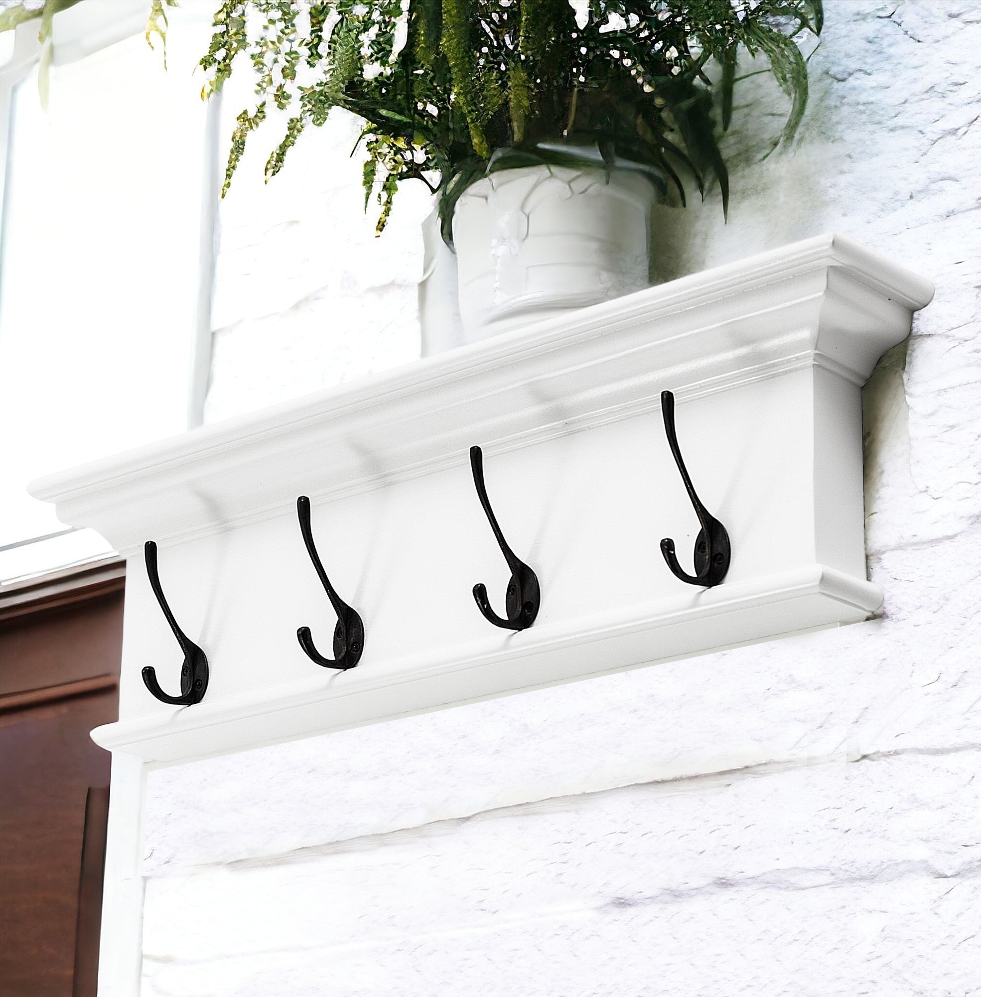 28" Classic White Wood Four Hook Hanging Coat Rack-1